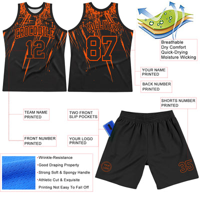 Custom Black Orange Splash Round Neck Sublimation Basketball Suit Jersey