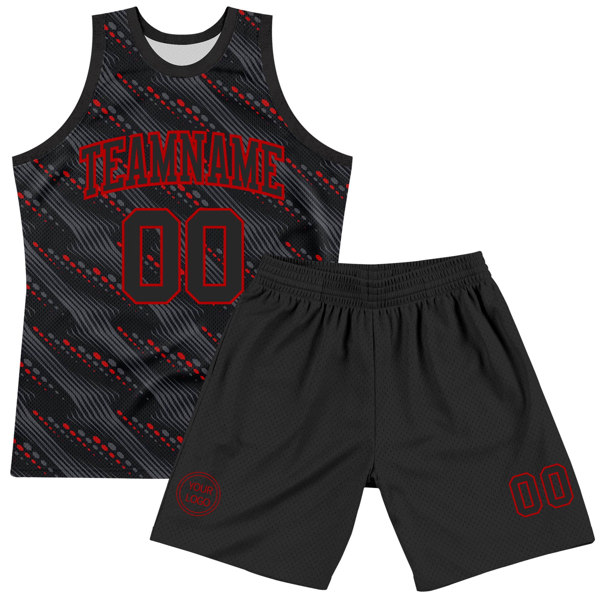Custom Black Red Slant Lines Round Neck Sublimation Basketball Suit Jersey