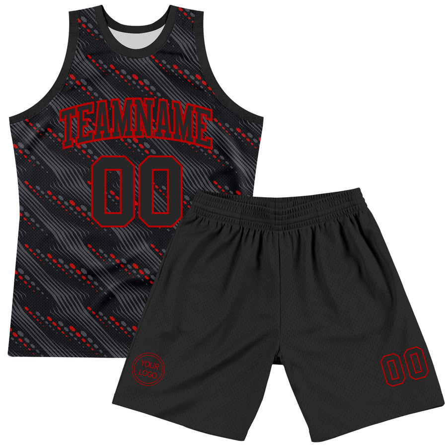Custom Black Red Slant Lines Round Neck Sublimation Basketball Suit Jersey