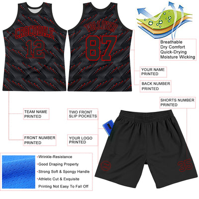 Custom Black Red Slant Lines Round Neck Sublimation Basketball Suit Jersey