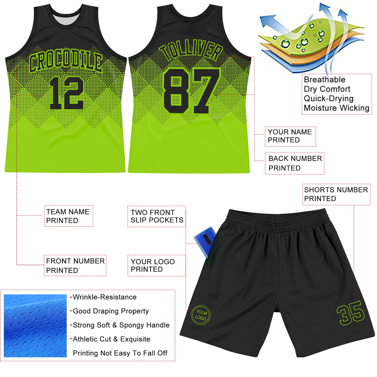 Custom Black Neon Green Gradient Square Shapes Round Neck Sublimation Basketball Suit Jersey
