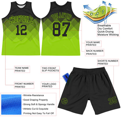 Custom Black Neon Green Gradient Square Shapes Round Neck Sublimation Basketball Suit Jersey