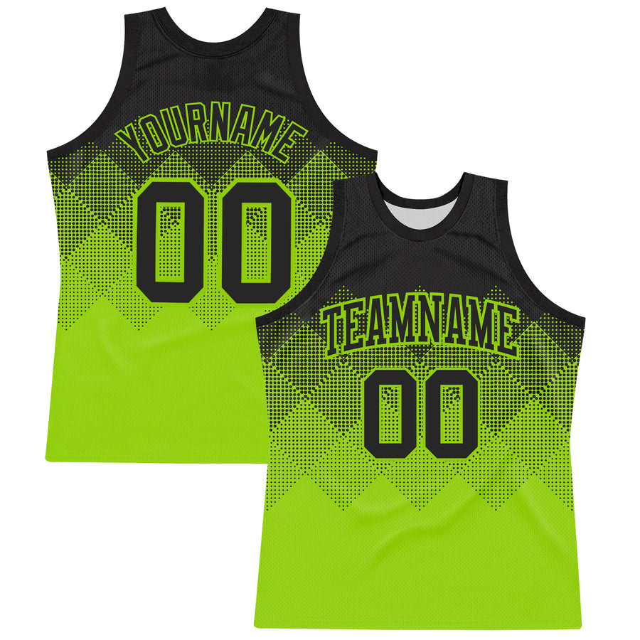Custom Black Neon Green Gradient Square Shapes Round Neck Sublimation Basketball Suit Jersey
