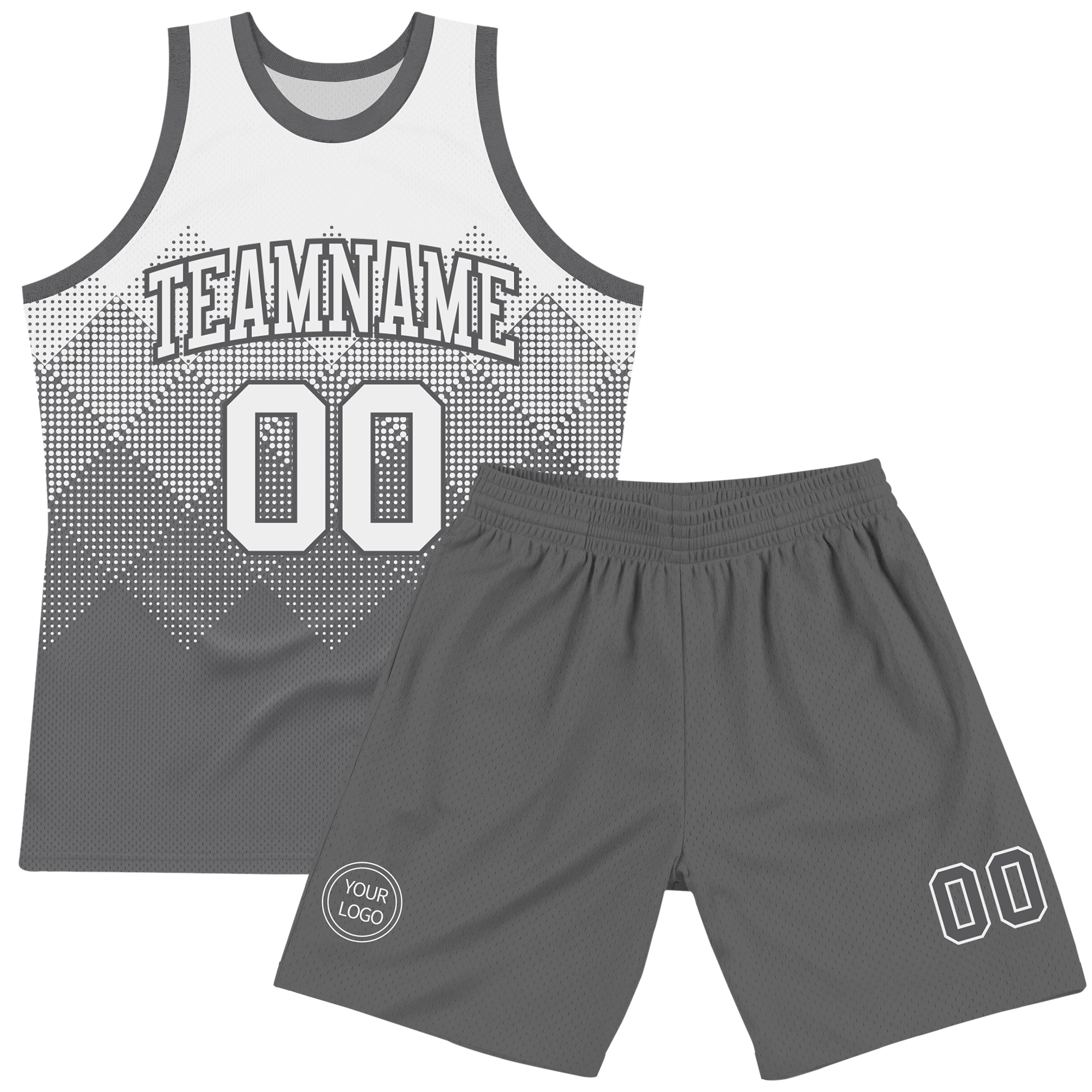 Custom White Steel Gray Gradient Square Shapes Round Neck Sublimation Basketball Suit Jersey