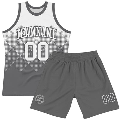 Custom White Steel Gray Gradient Square Shapes Round Neck Sublimation Basketball Suit Jersey