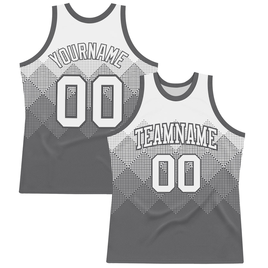 Custom White Steel Gray Gradient Square Shapes Round Neck Sublimation Basketball Suit Jersey