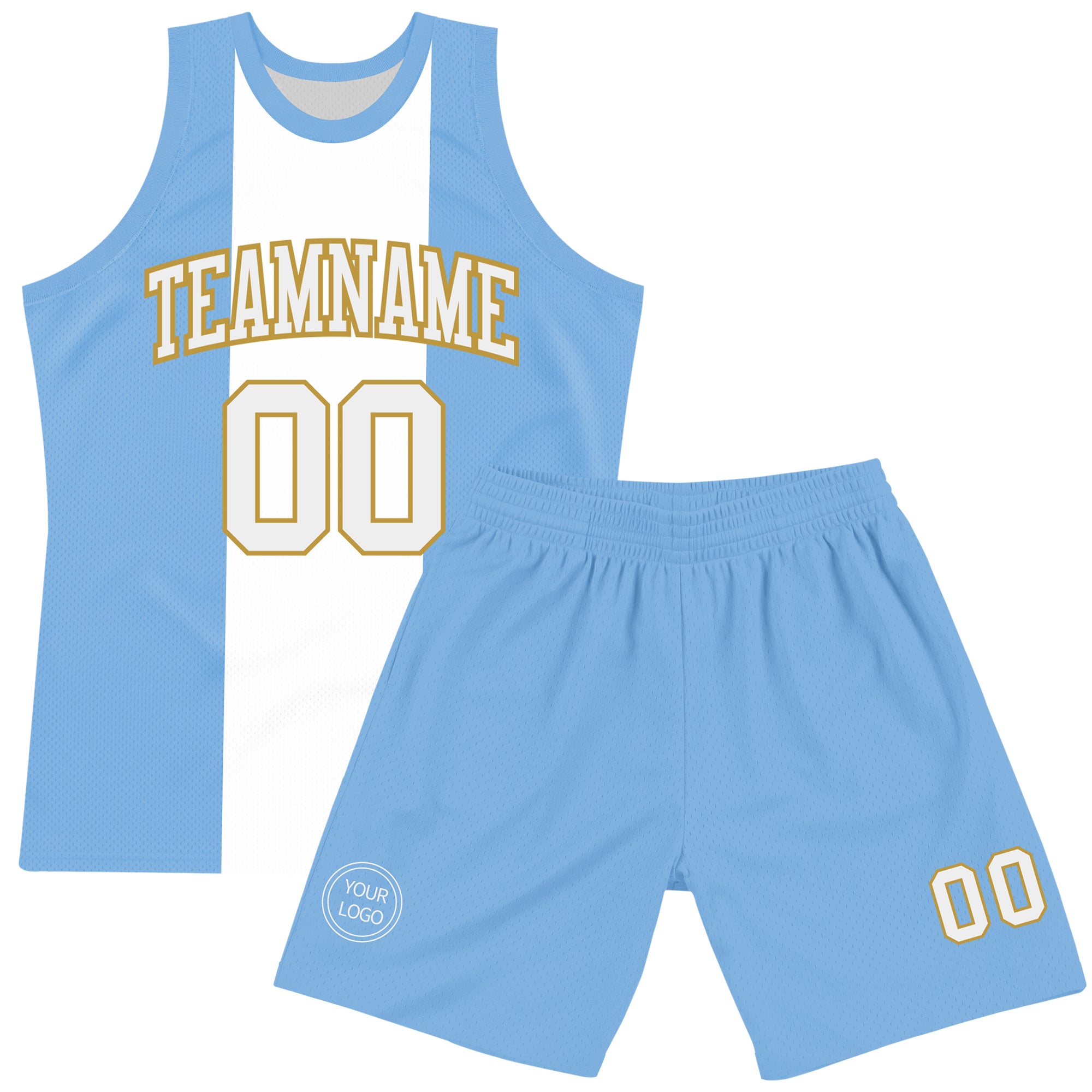 Custom Light Blue White-Old Gold Argentinian Flag Round Neck Sublimation Basketball Suit Jersey