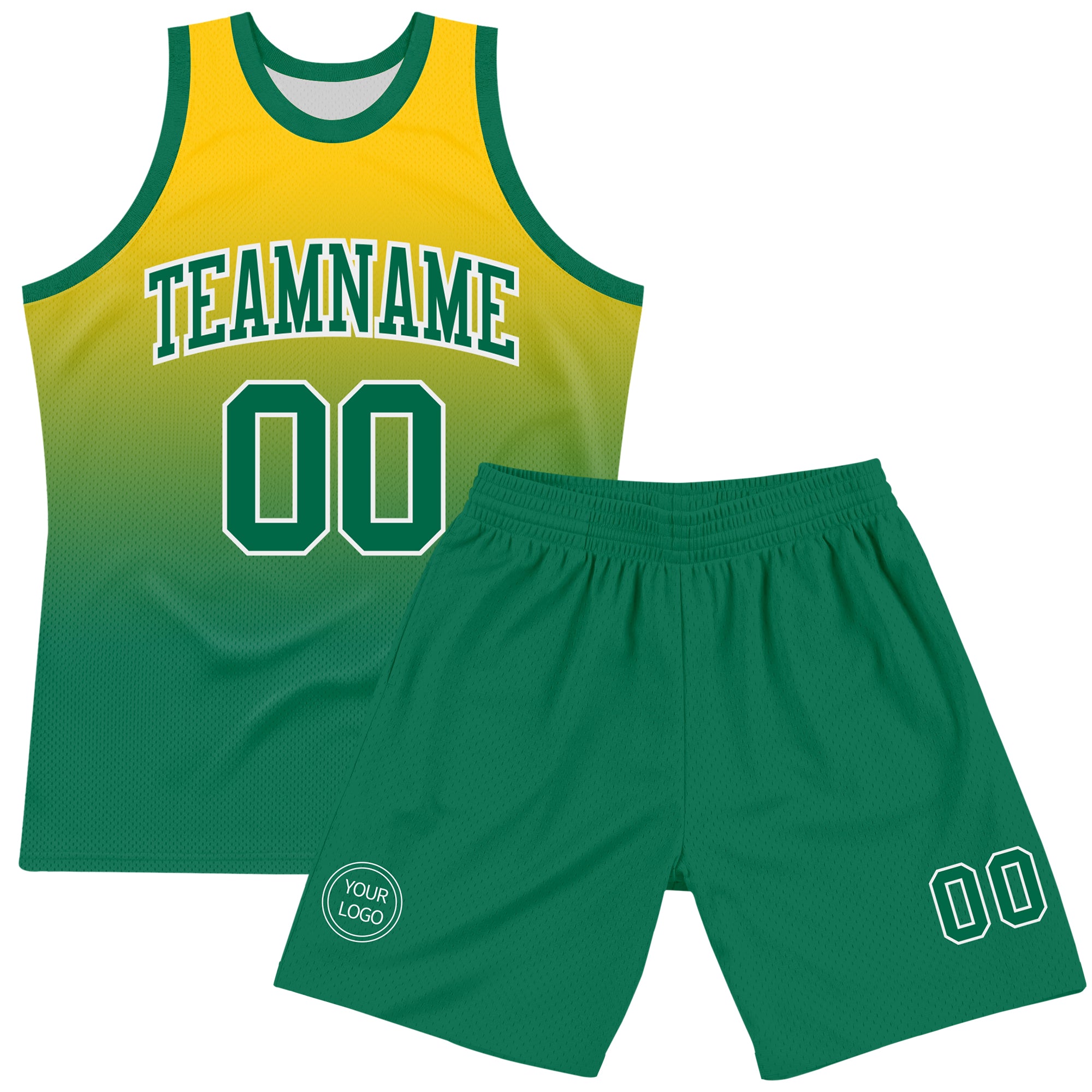 Custom Yellow Kelly Green-White Fade Fashion Round Neck Sublimation Basketball Suit Jersey