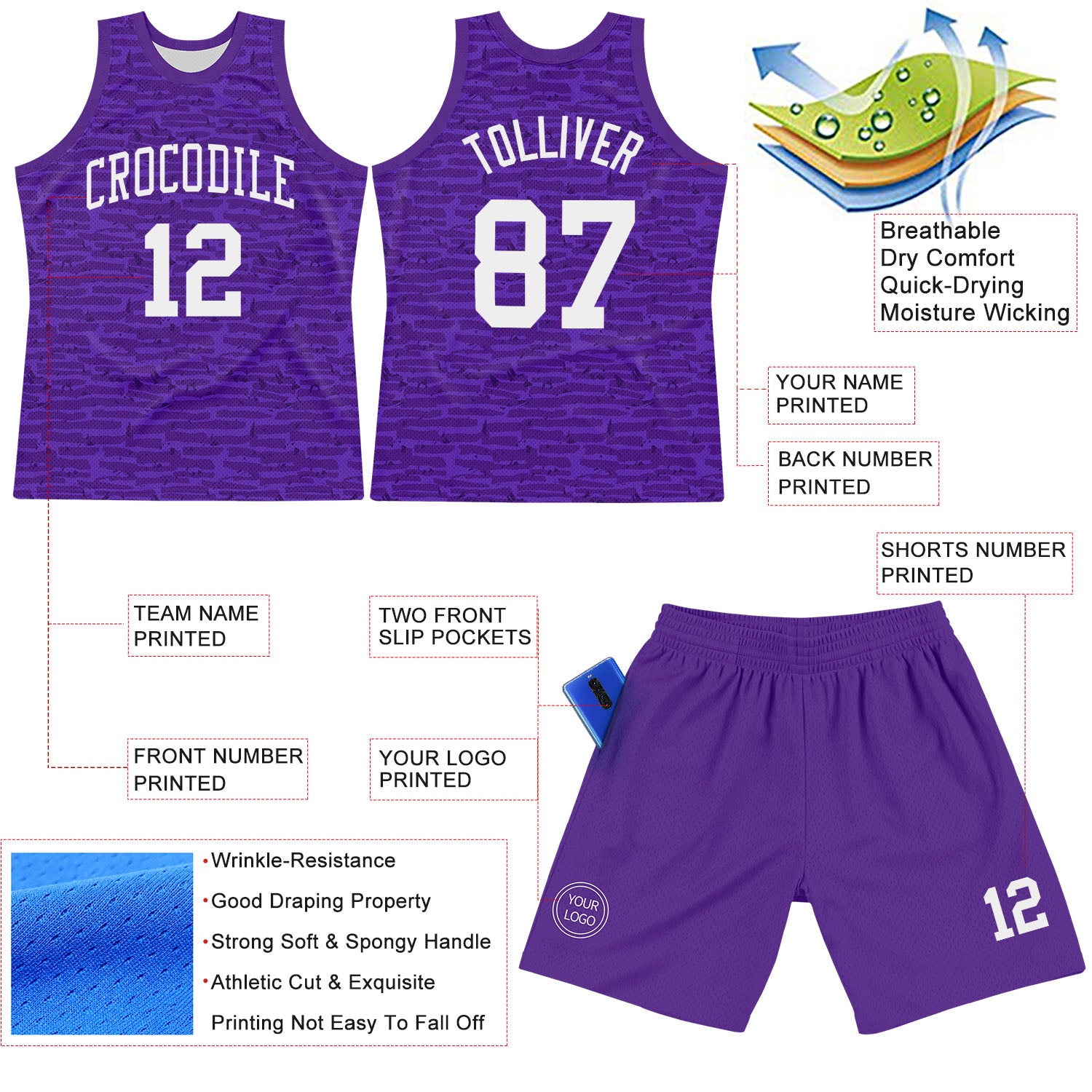 Custom Purple White Fragment Art Round Neck Sublimation Basketball Suit Jersey