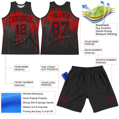 Custom Black Red Dripping Splatter Art Round Neck Sublimation Basketball Suit Jersey