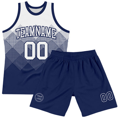 Custom White Navy Gradient Square Shapes Round Neck Sublimation Basketball Suit Jersey