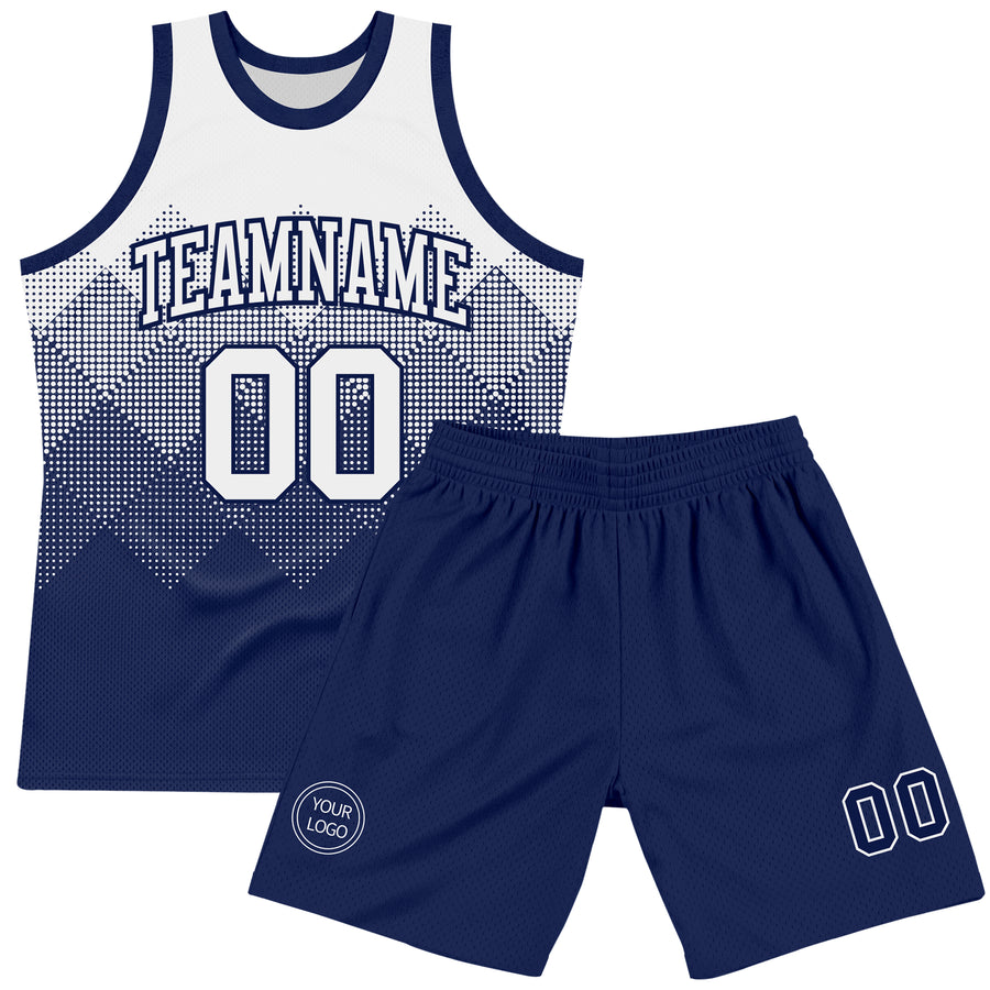 Custom White Navy Gradient Square Shapes Round Neck Sublimation Basketball Suit Jersey