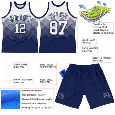 Custom White Navy Gradient Square Shapes Round Neck Sublimation Basketball Suit Jersey