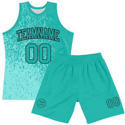 Custom Aqua Black Fragment Art Round Neck Sublimation Basketball Suit Jersey