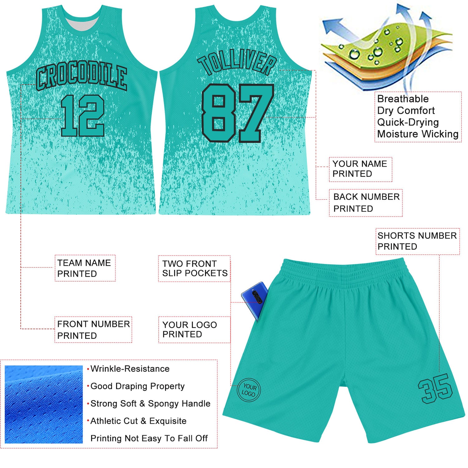 Custom Aqua Black Fragment Art Round Neck Sublimation Basketball Suit Jersey