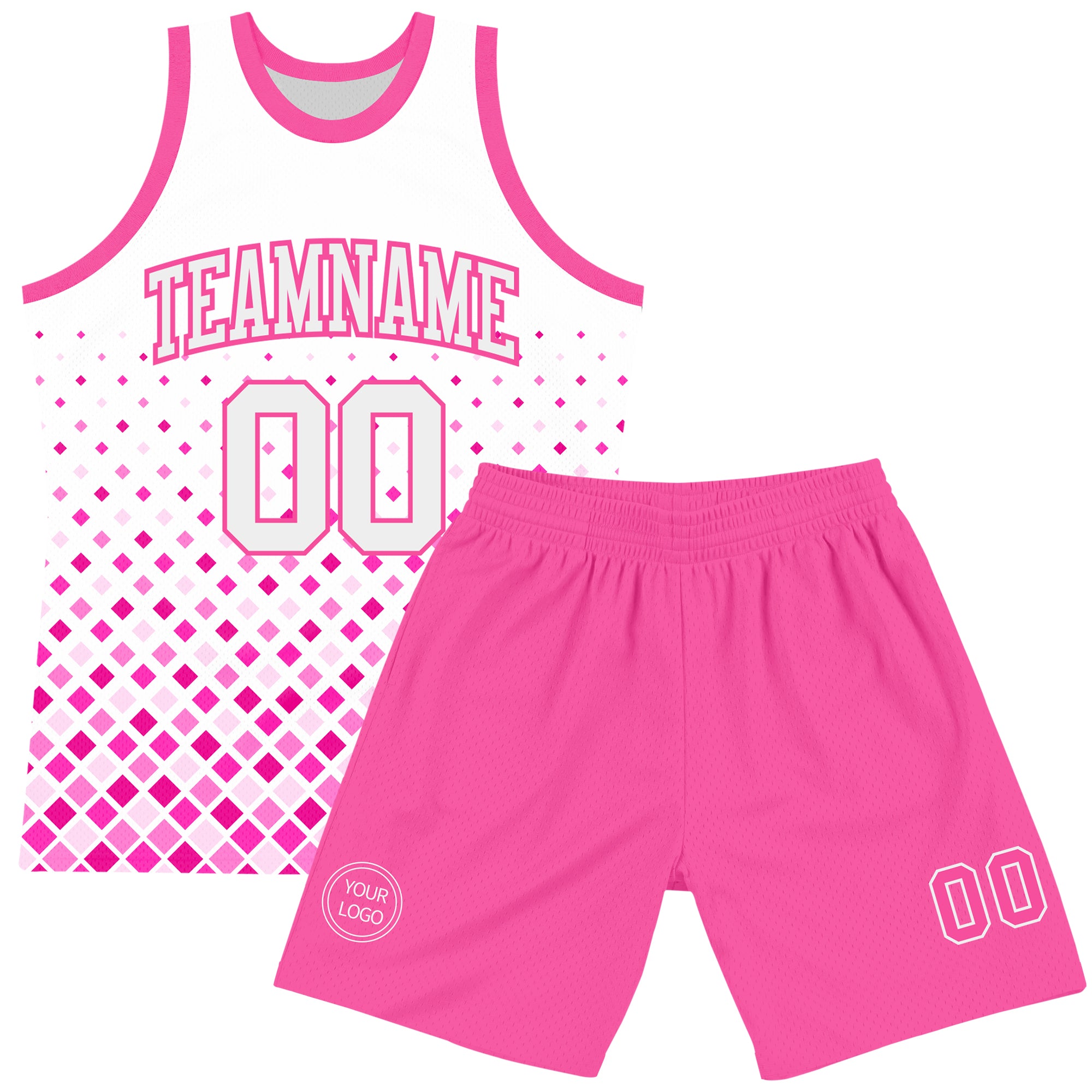 Custom White Pink Gradient Square Shapes Round Neck Sublimation Basketball Suit Jersey