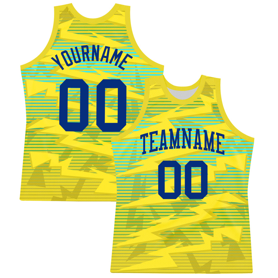Custom Gold Royal-Light Blue Line Round Neck Sublimation Basketball Suit Jersey