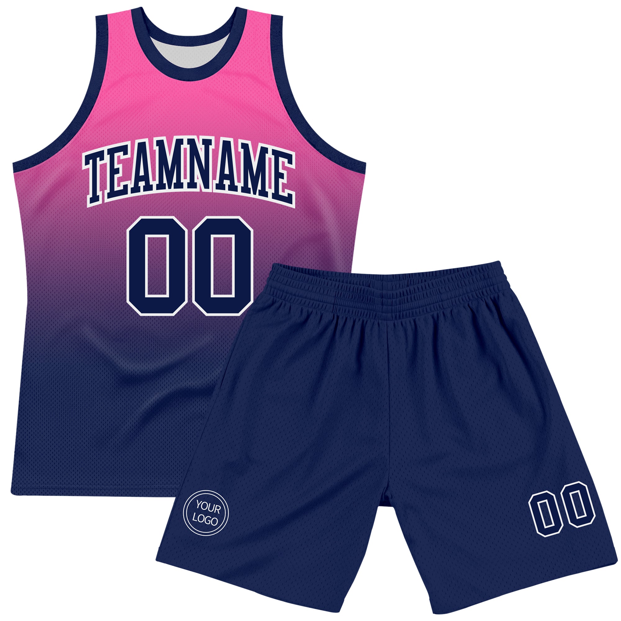 Custom Pink Navy-White Fade Fashion Round Neck Sublimation Basketball Suit Jersey