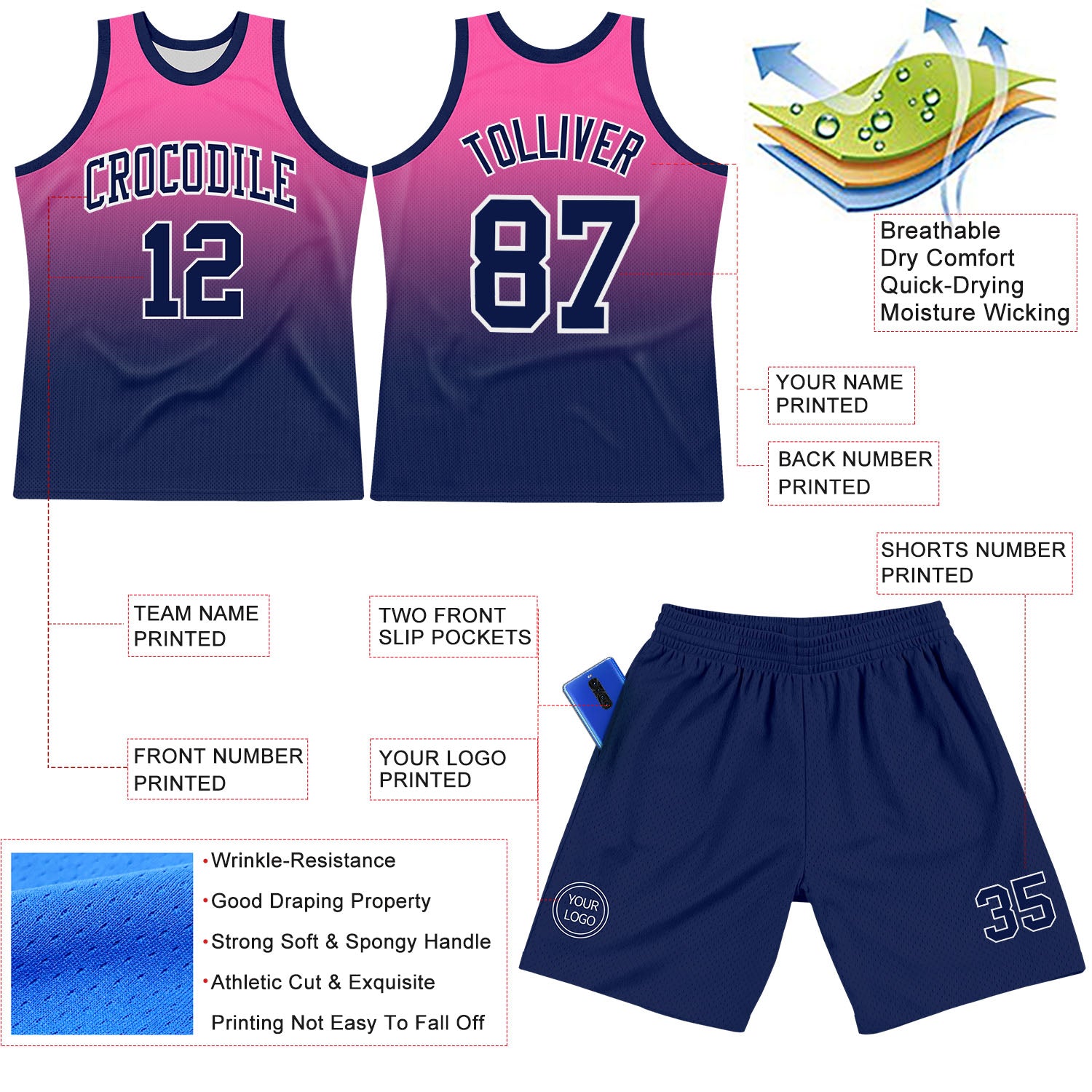 Custom Pink Navy-White Fade Fashion Round Neck Sublimation Basketball Suit Jersey