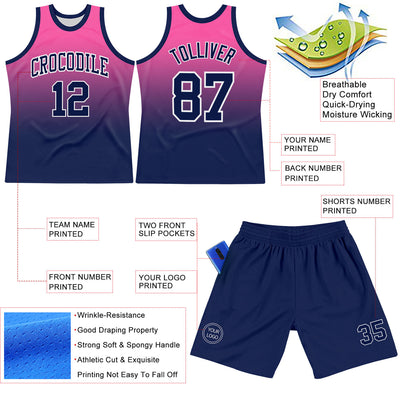 Custom Pink Navy-White Fade Fashion Round Neck Sublimation Basketball Suit Jersey