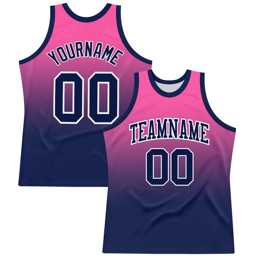 Custom Pink Navy-White Fade Fashion Round Neck Sublimation Basketball Suit Jersey