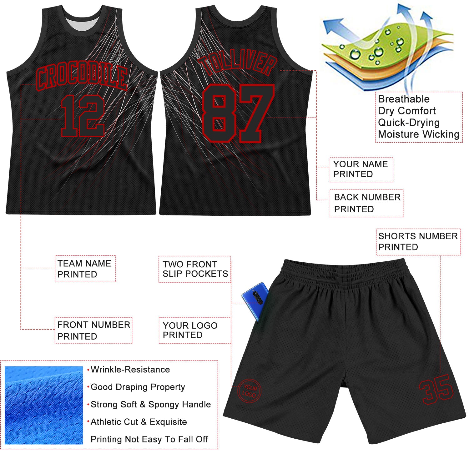 Custom Black Red Line Round Neck Sublimation Basketball Suit Jersey