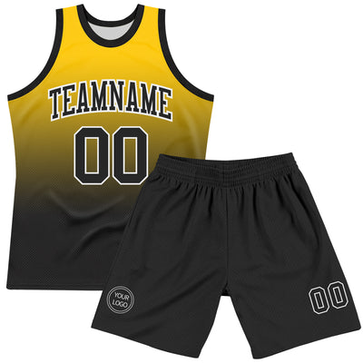 Custom Yellow Black-White Fade Fashion Round Neck Sublimation Basketball Suit Jersey