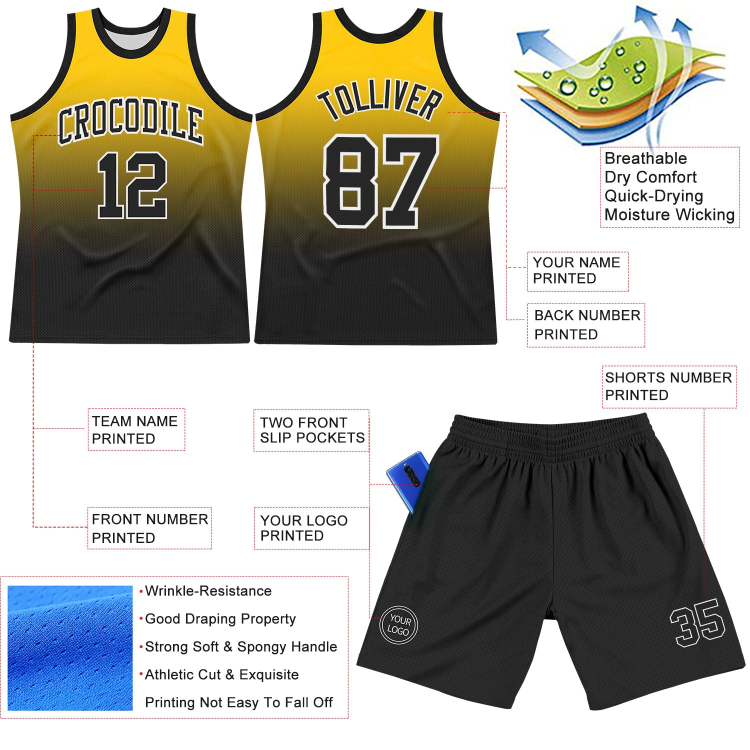 Custom Yellow Black-White Fade Fashion Round Neck Sublimation Basketball Suit Jersey