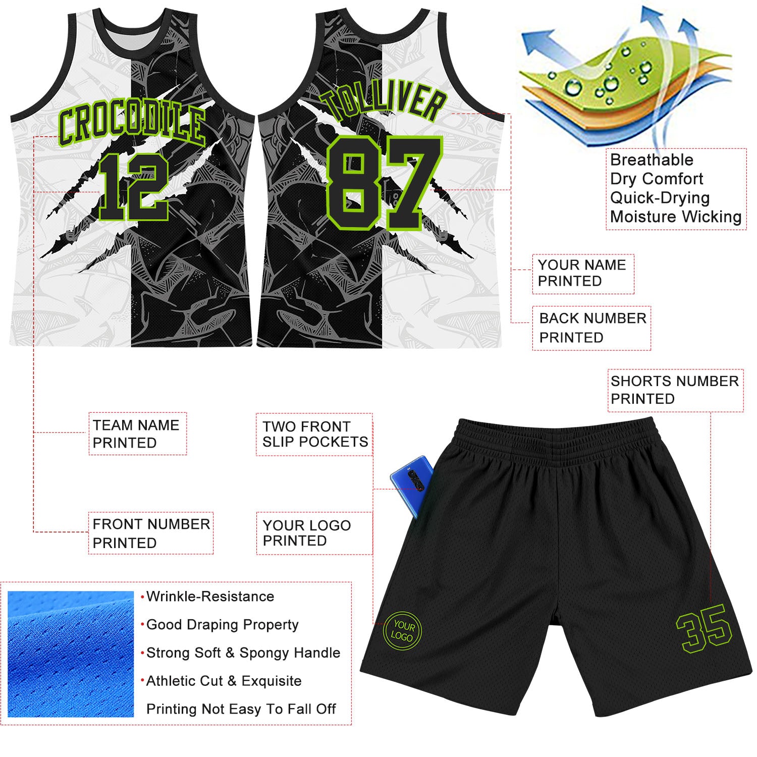 Custom Graffiti Pattern Black White-Neon Green Scratch Round Neck Sublimation Basketball Suit Jersey