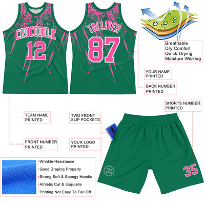 Custom Kelly Green Pink-White Splash Round Neck Sublimation Basketball Suit Jersey