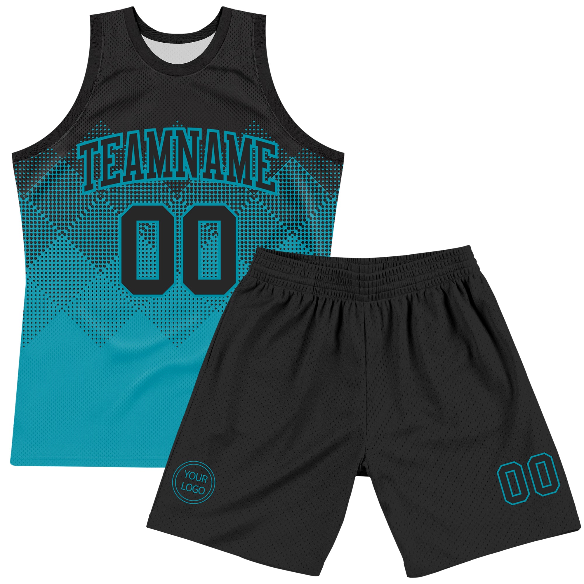 Custom Black Teal Gradient Square Shapes Round Neck Sublimation Basketball Suit Jersey
