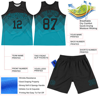 Custom Black Teal Gradient Square Shapes Round Neck Sublimation Basketball Suit Jersey