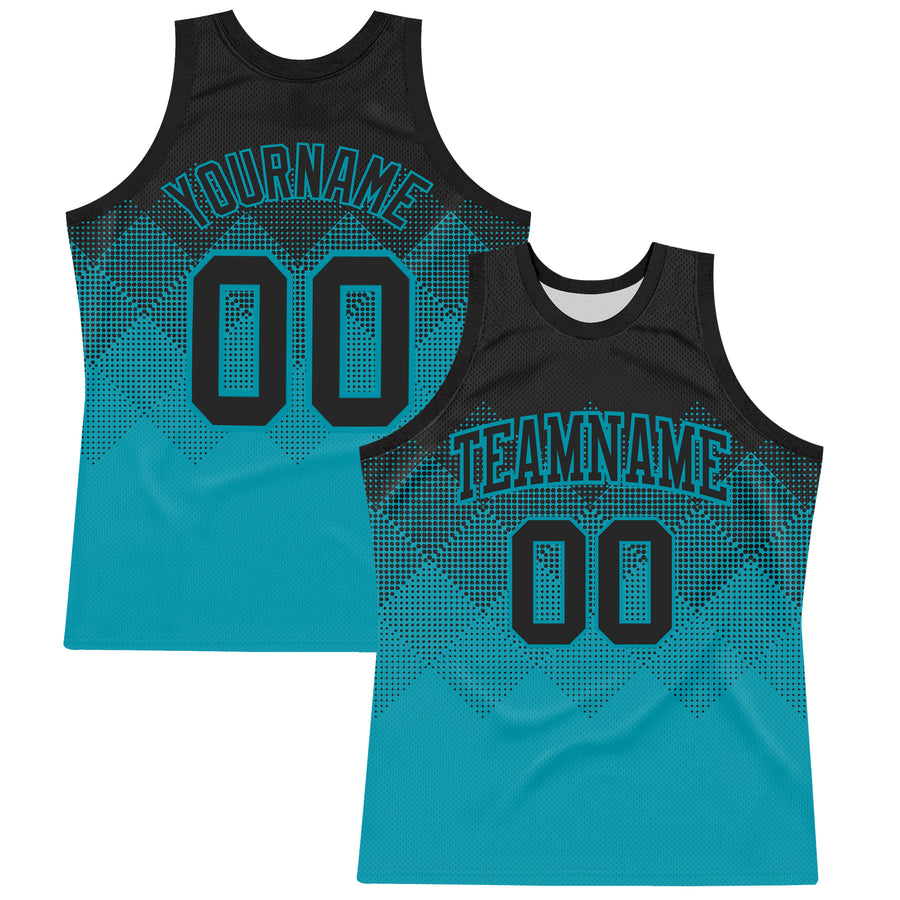 Custom Black Teal Gradient Square Shapes Round Neck Sublimation Basketball Suit Jersey