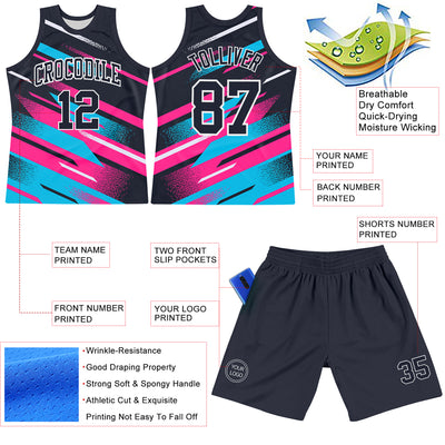 Custom Navy Pink Light Blue-White Line Round Neck Sublimation Basketball Suit Jersey