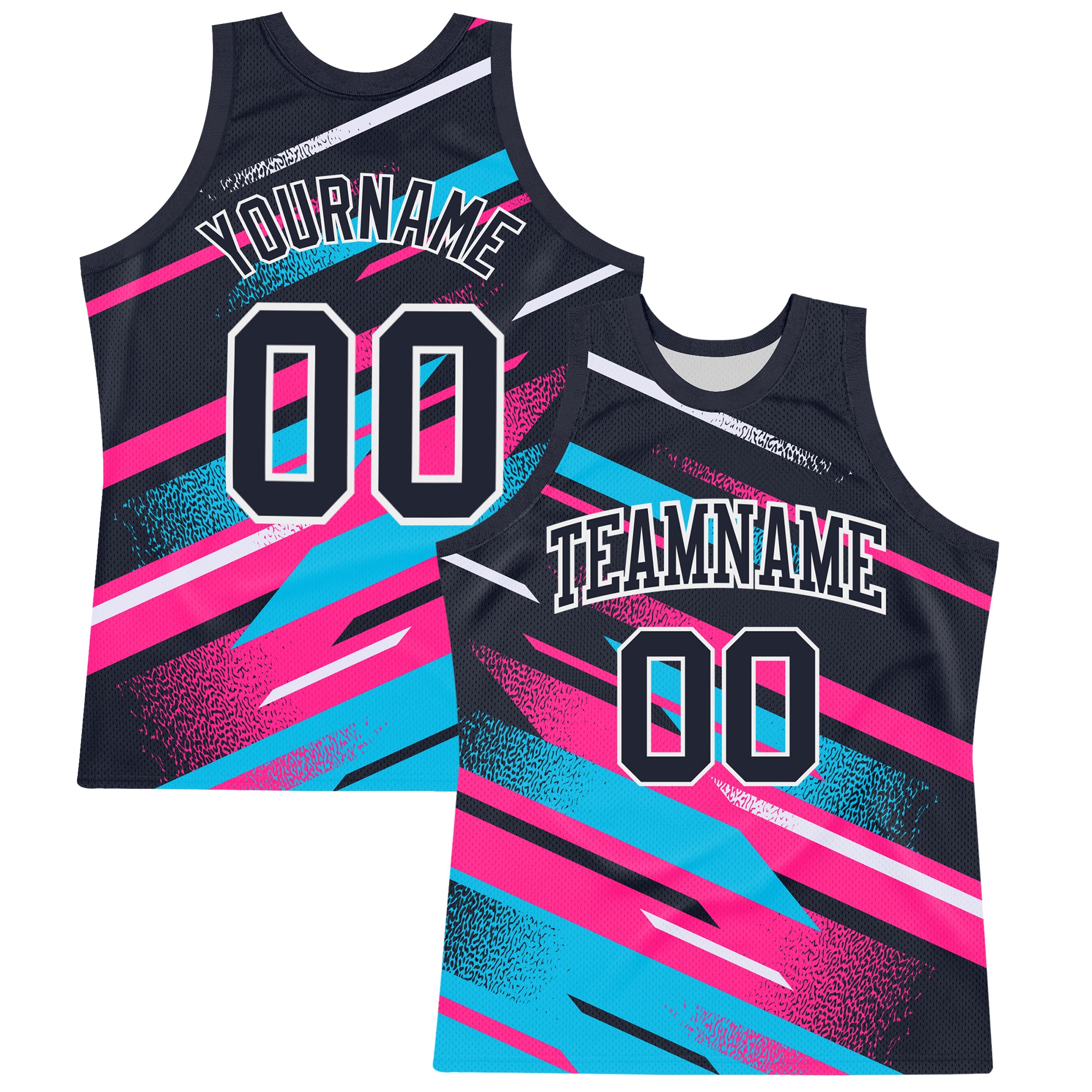 Custom Navy Pink Light Blue-White Line Round Neck Sublimation Basketball Suit Jersey
