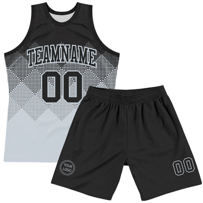 Custom Black Silver Gradient Square Shapes Round Neck Sublimation Basketball Suit Jersey