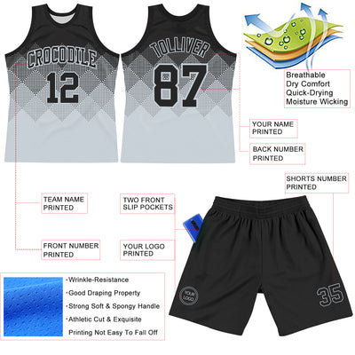 Custom Black Silver Gradient Square Shapes Round Neck Sublimation Basketball Suit Jersey