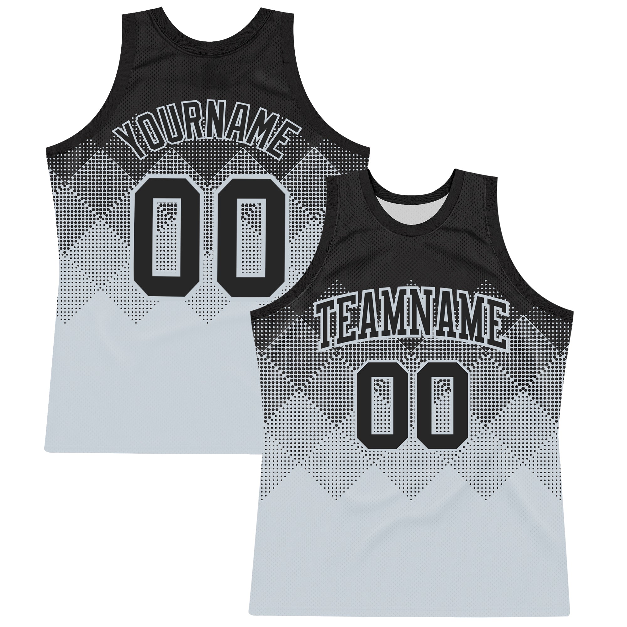 Custom Black Silver Gradient Square Shapes Round Neck Sublimation Basketball Suit Jersey