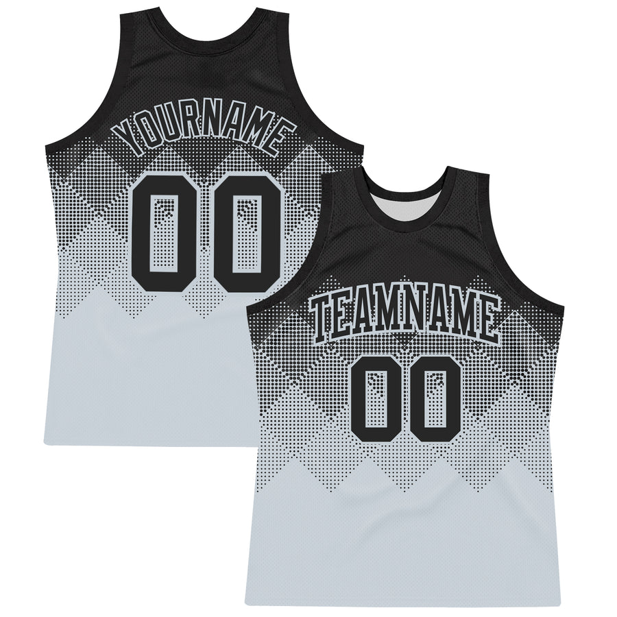 Custom Black Silver Gradient Square Shapes Round Neck Sublimation Basketball Suit Jersey