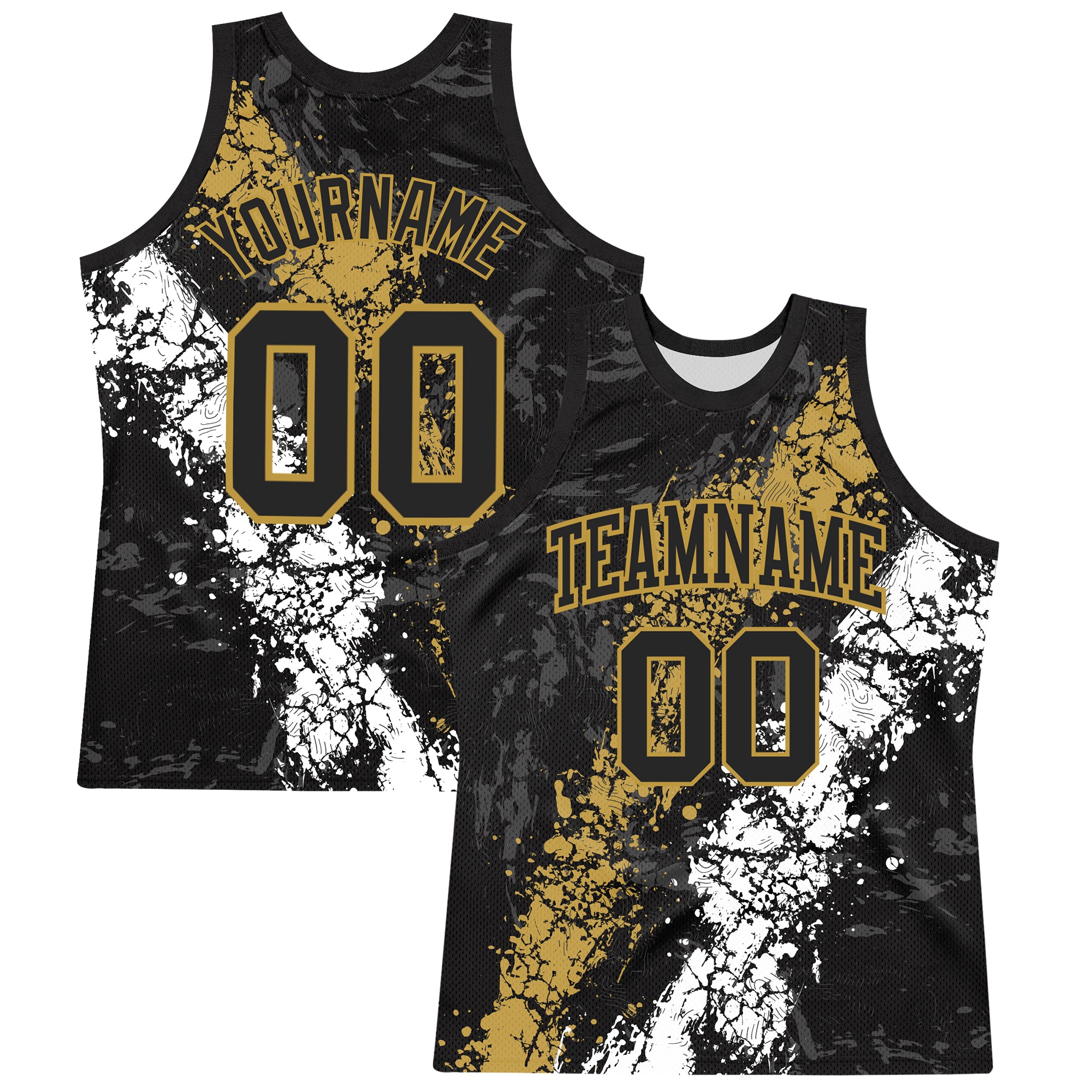 Custom Black Old Gold-White Splash Round Neck Sublimation Basketball Suit Jersey
