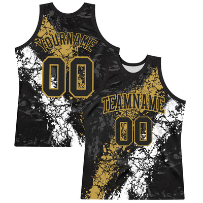 Custom Black Old Gold-White Splash Round Neck Sublimation Basketball Suit Jersey