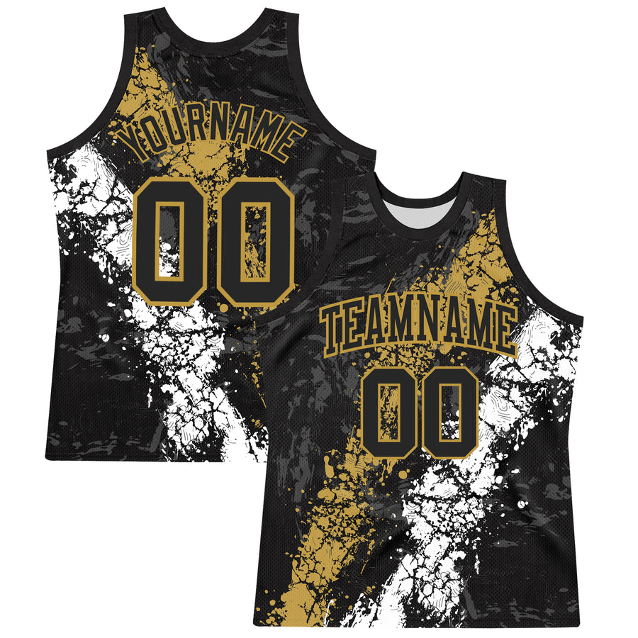 Custom Black Old Gold-White Splash Round Neck Sublimation Basketball Suit Jersey