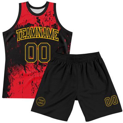 Custom Black Red-Gold Abstract Splatter Grunge Art Round Neck Sublimation Basketball Suit Jersey