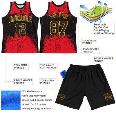 Custom Black Red-Gold Abstract Splatter Grunge Art Round Neck Sublimation Basketball Suit Jersey