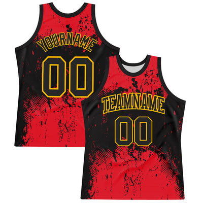 Custom Black Red-Gold Abstract Splatter Grunge Art Round Neck Sublimation Basketball Suit Jersey