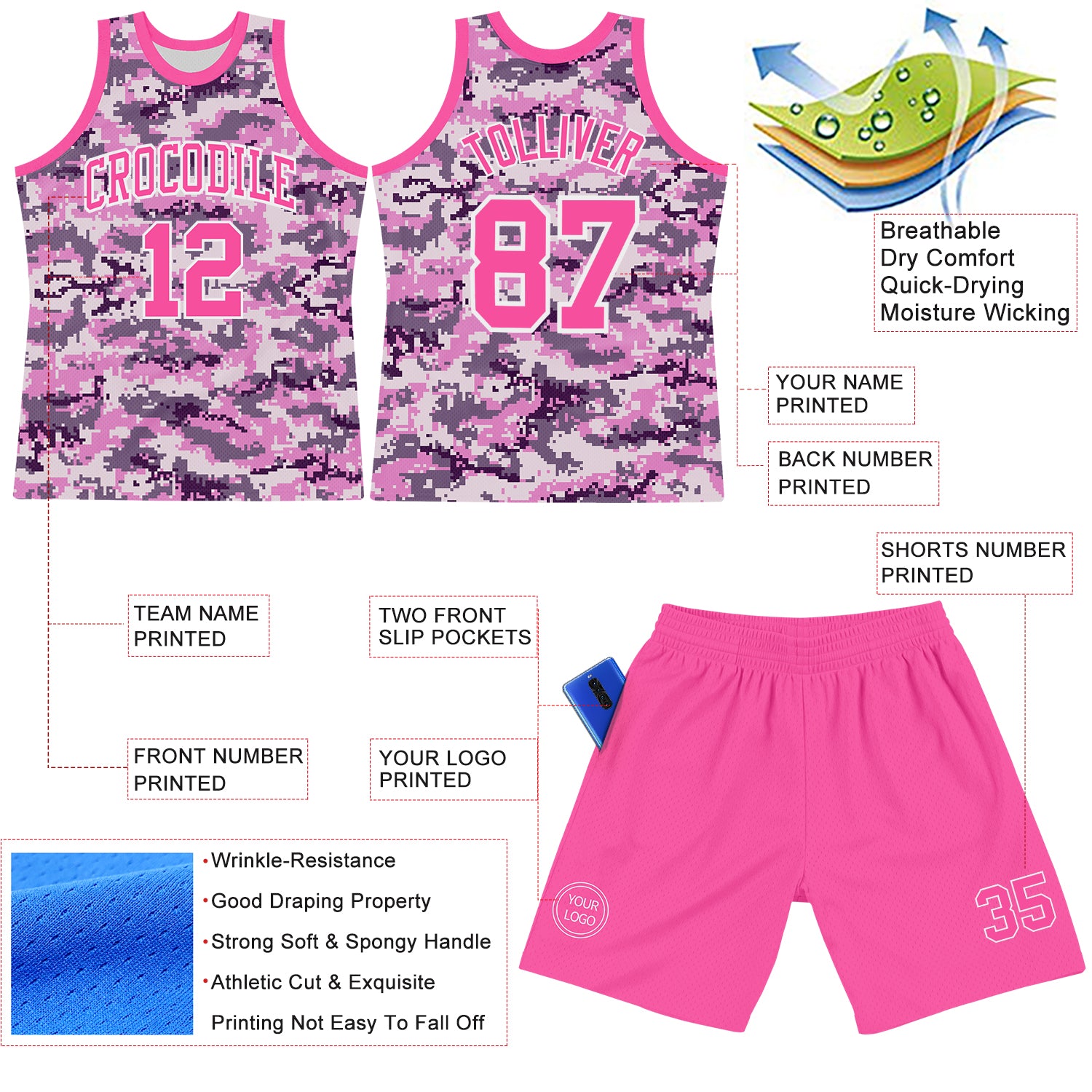 Custom Camo Pink-White Round Neck Sublimation Salute To Service Basketball Suit Jersey