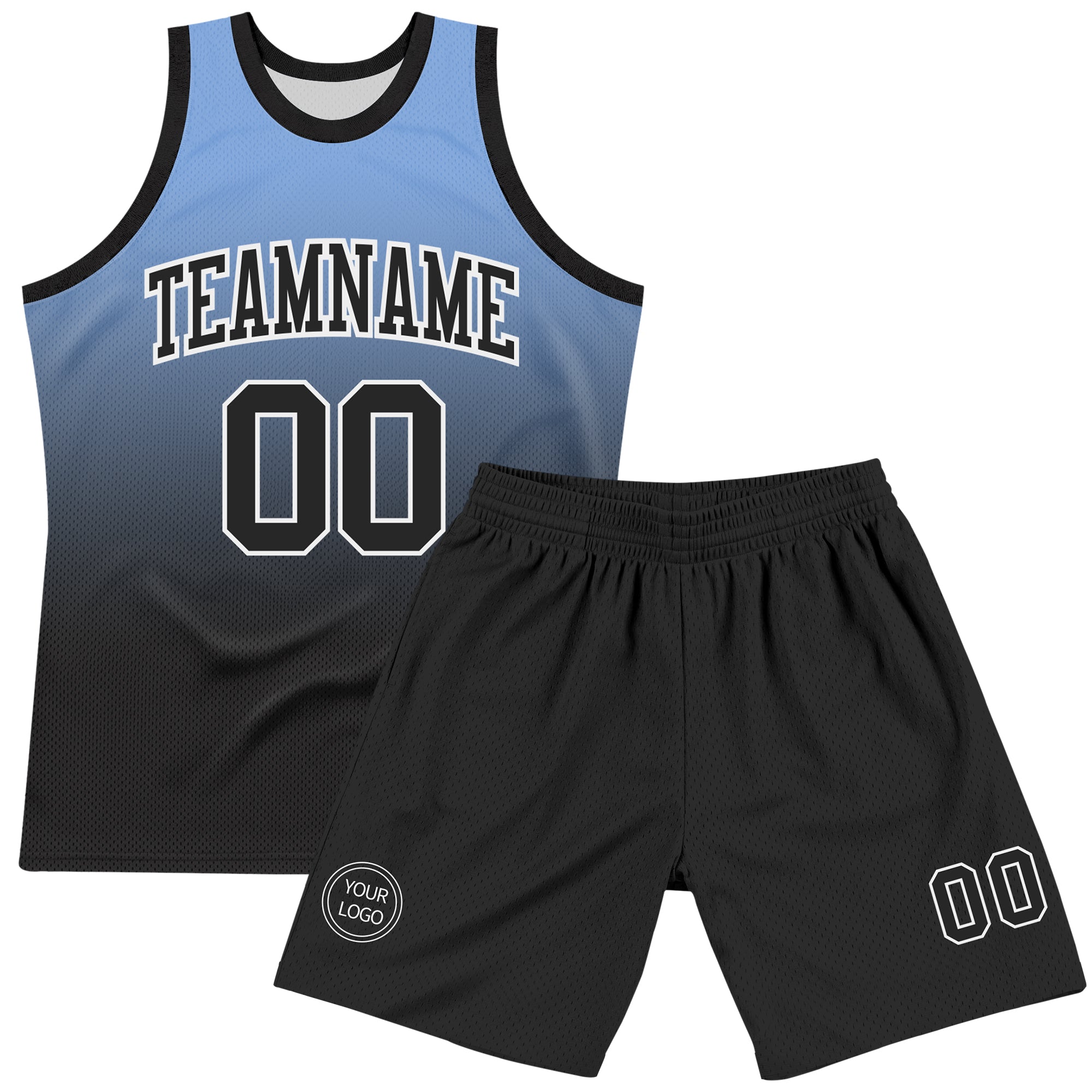 Custom Powder Blue Black-White Fade Fashion Round Neck Sublimation Basketball Suit Jersey