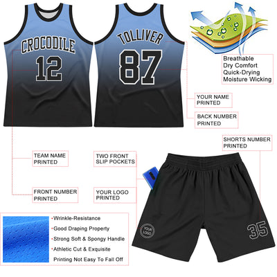 Custom Powder Blue Black-White Fade Fashion Round Neck Sublimation Basketball Suit Jersey