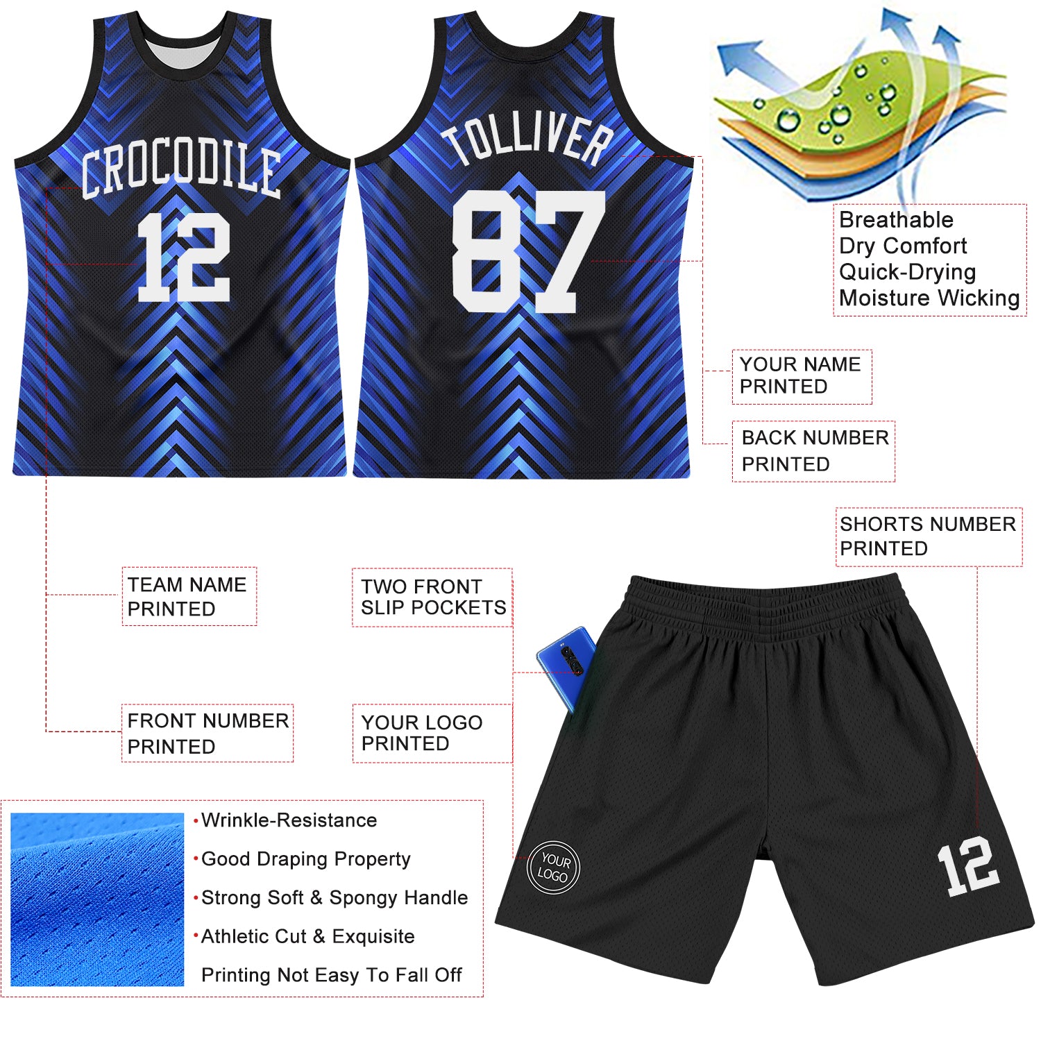 Custom Black White-Royal Arrow Shape Round Neck Sublimation Basketball Suit Jersey