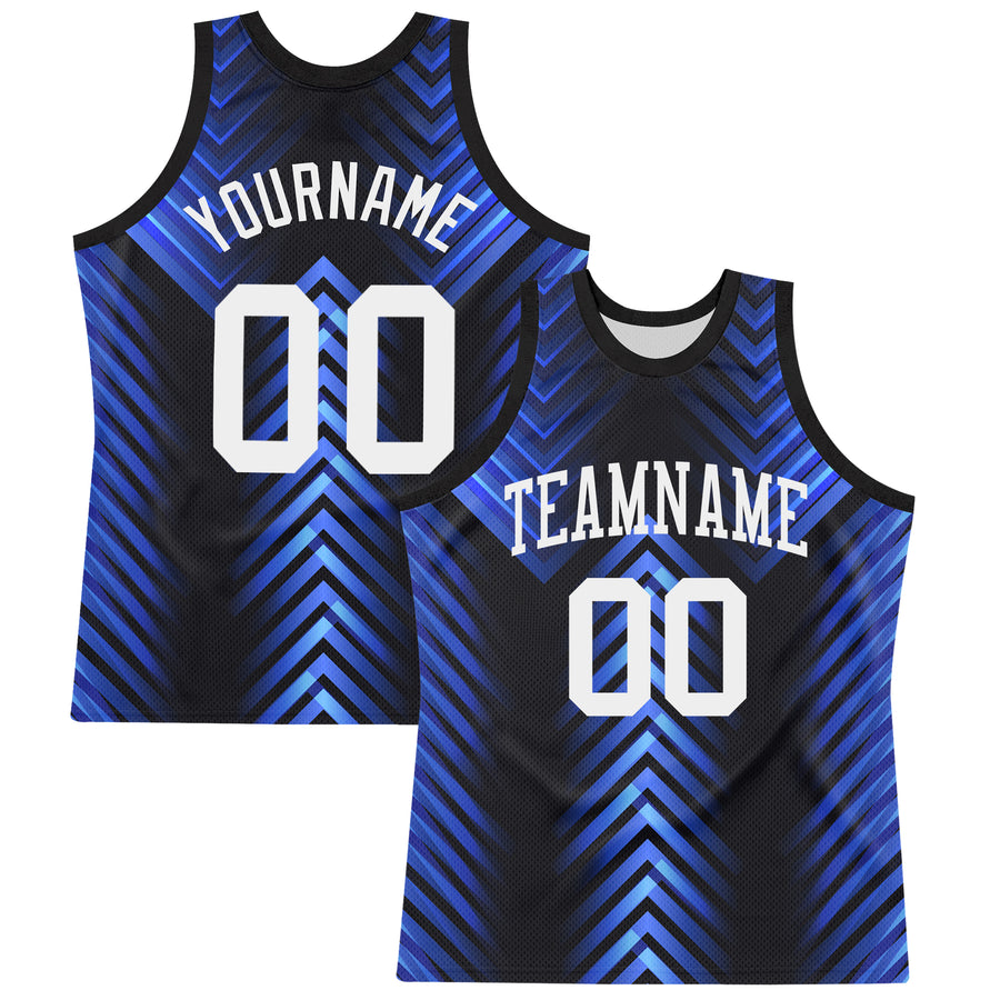 Custom Black White-Royal Arrow Shape Round Neck Sublimation Basketball Suit Jersey